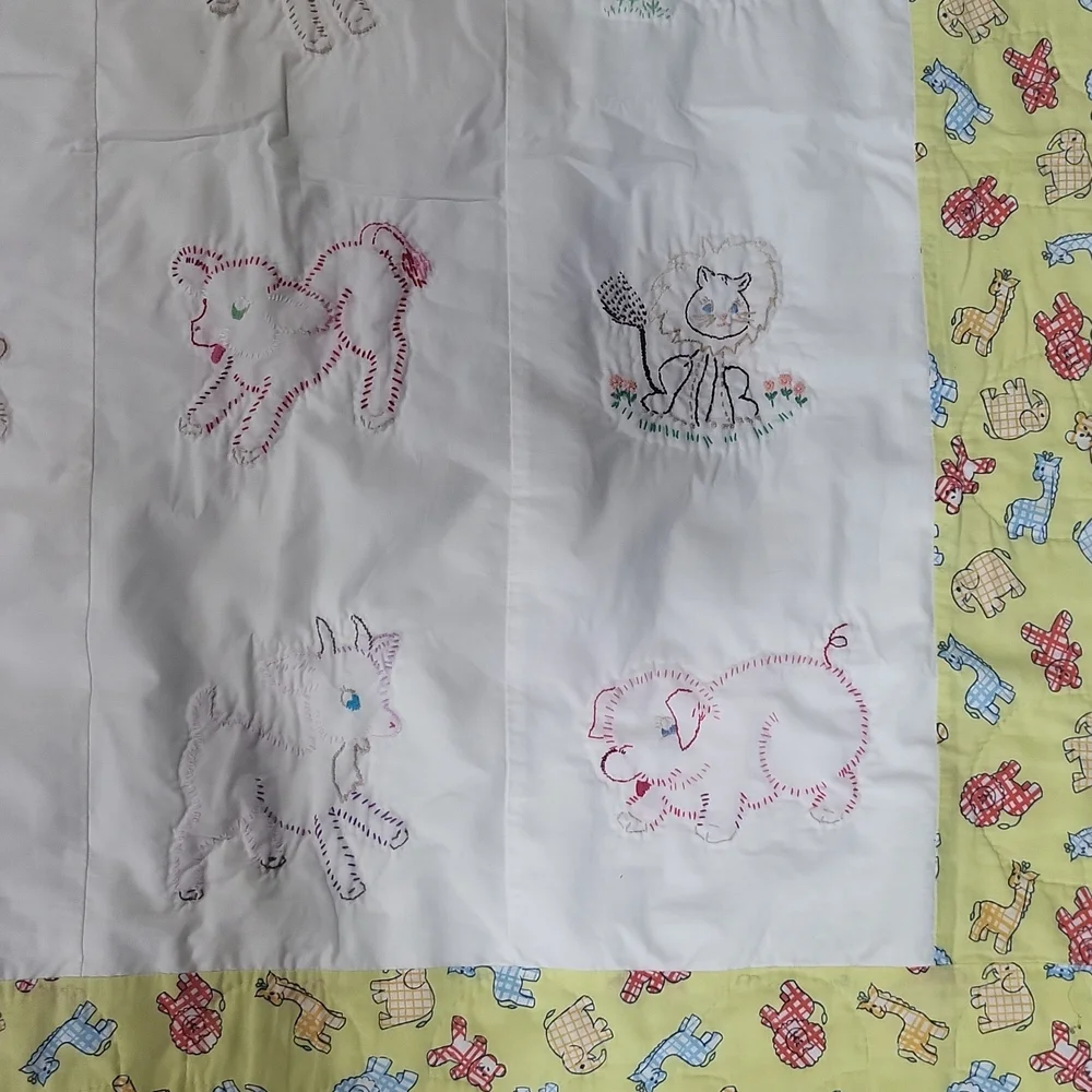 Handmade Yellow White Embroidered Animal Baby Quilt Blanket